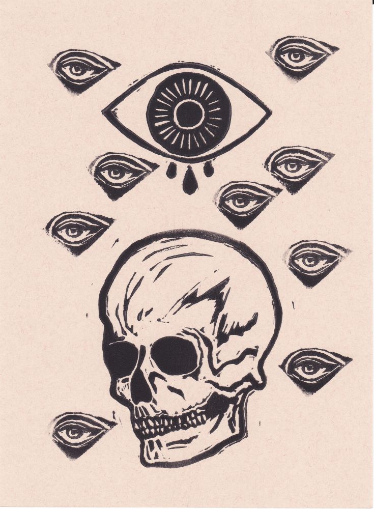 linocut skull and eyes